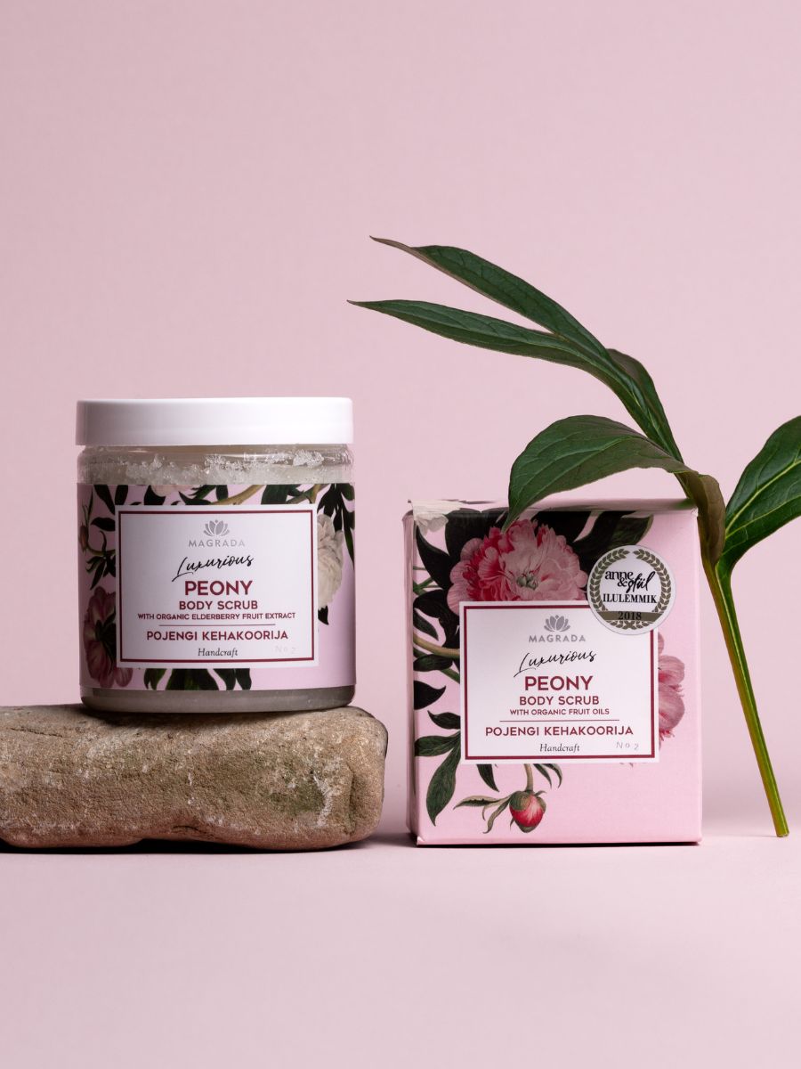 Peony body scrub with organic fruit oils for gentle exfoliation
