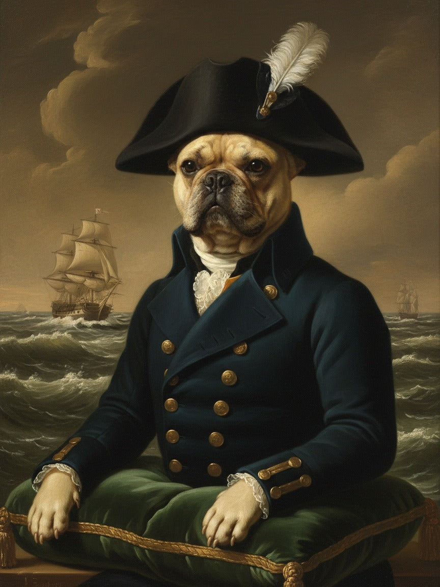 Admiral portrait of a French bulldog in a naval coat and bicorne hat