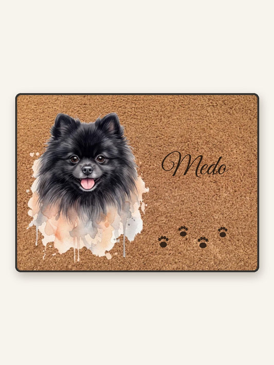 Personalised doormat with a watercolour portrait of a pet on a coir-coloured background