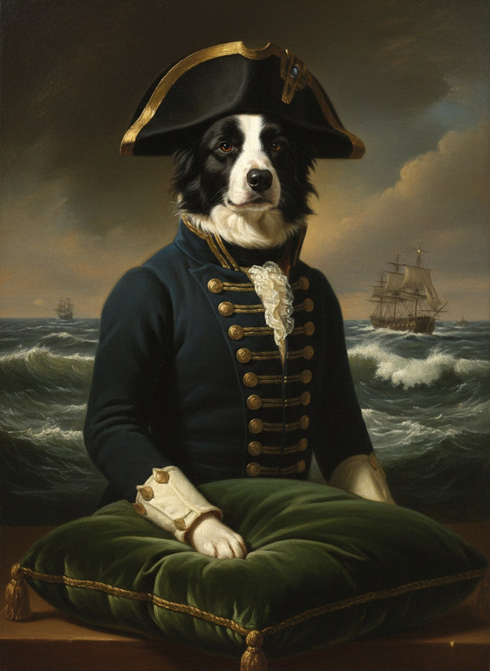 Border collie malet som Admiralen med et højt skib