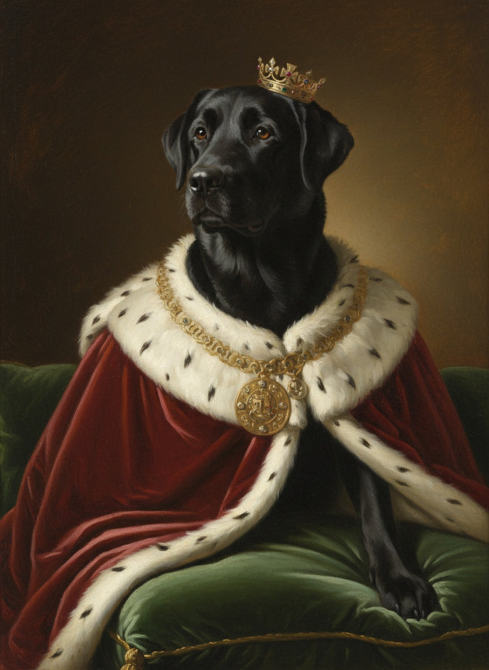 Sort labrador malet som Kongen med hermelinskåbe og krone