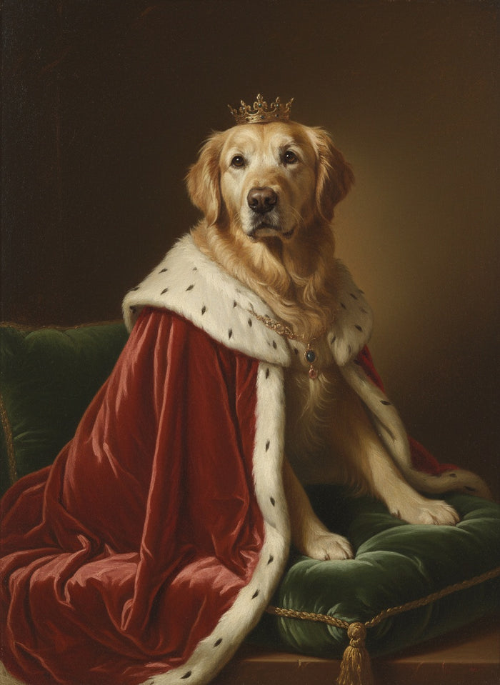 Ældre golden retriever malet som Kongen