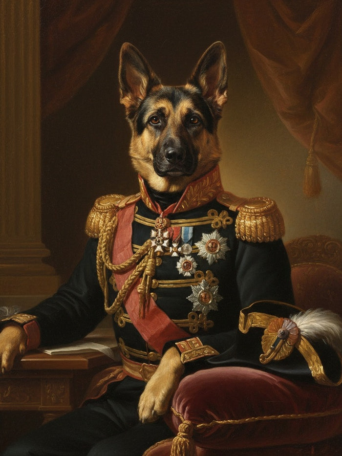 Schæferhund malet som Generalen i uniform