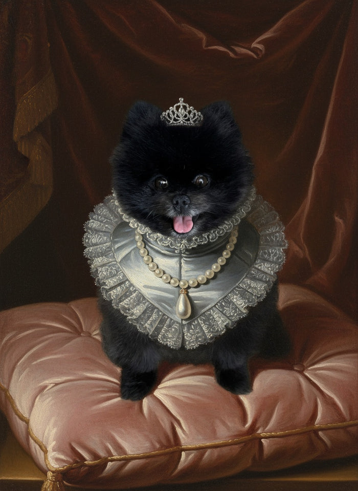 Pomeranian malet som Dronningen i en silkekjole med tiara